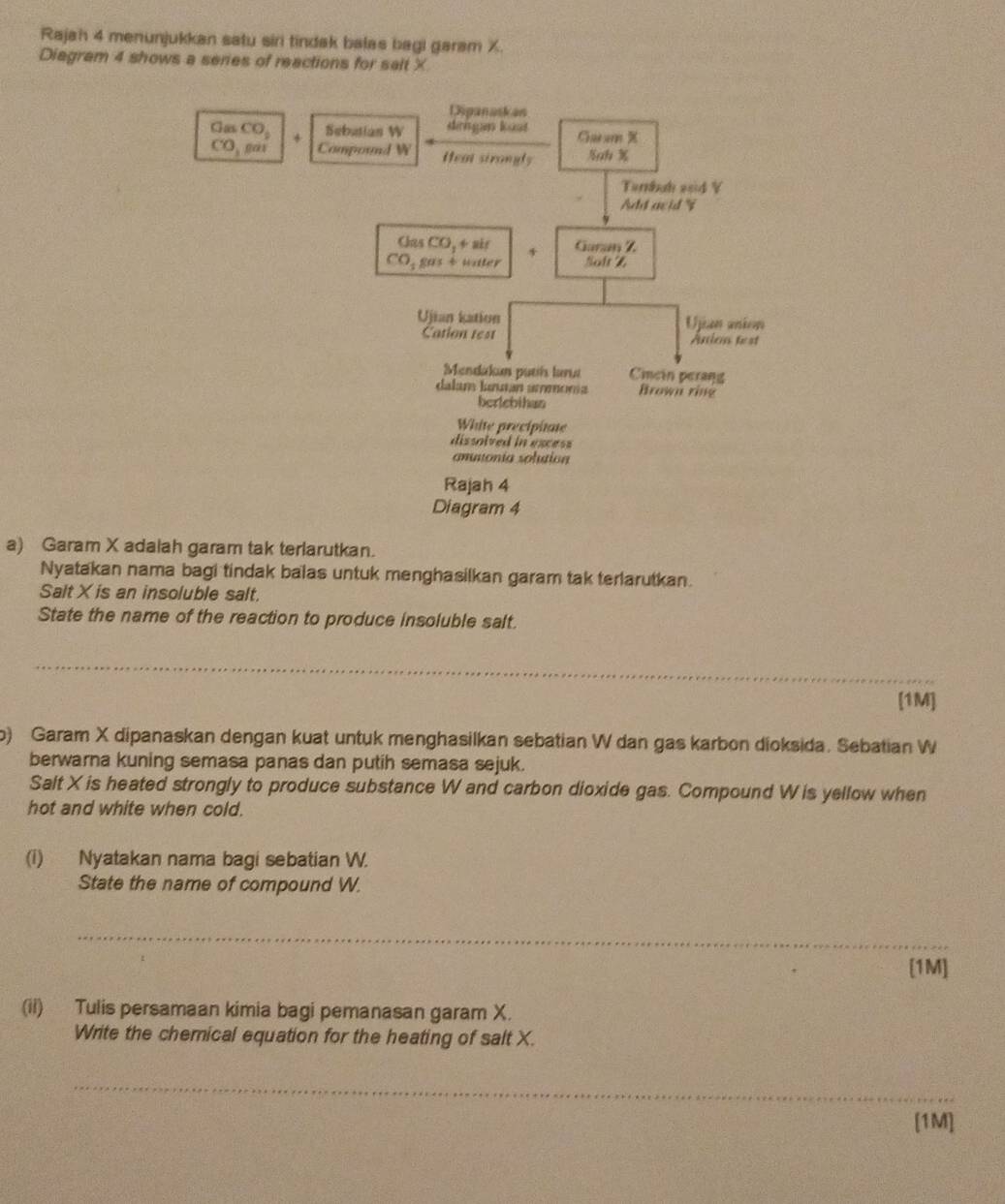 Rajah 4 menunjukkan satu siri tindak balas bagi garam X.
Diagram 4 shows a seres of reactions for salt X
a) Garam X adalah garam tak terlarutkan.
Nyatakan nama bagi tindak balas untuk menghasilkan garam tak terlarutkan.
Salt X is an insoluble salt.
State the name of the reaction to produce insoluble salt.
_
[1M]
) Garam X dipanaskan dengan kuat untuk menghasilkan sebatian W dan gas karbon dioksida. Sebatian W
berwarna kuning semasa panas dan putih semasa sejuk.
Salt X is heated strongly to produce substance W and carbon dioxide gas. Compound W is yellow when
hot and white when cold.
(i) Nyatakan nama bagi sebatian W.
State the name of compound W.
_
[1M]
(ii) Tulis persamaan kimia bagi pemanasan garam X.
Write the chemical equation for the heating of salt X.
_
[1M]