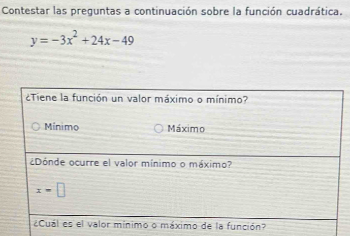 Contestar las preguntas a continuación sobre la función cuadrática.
y=-3x^2+24x-49