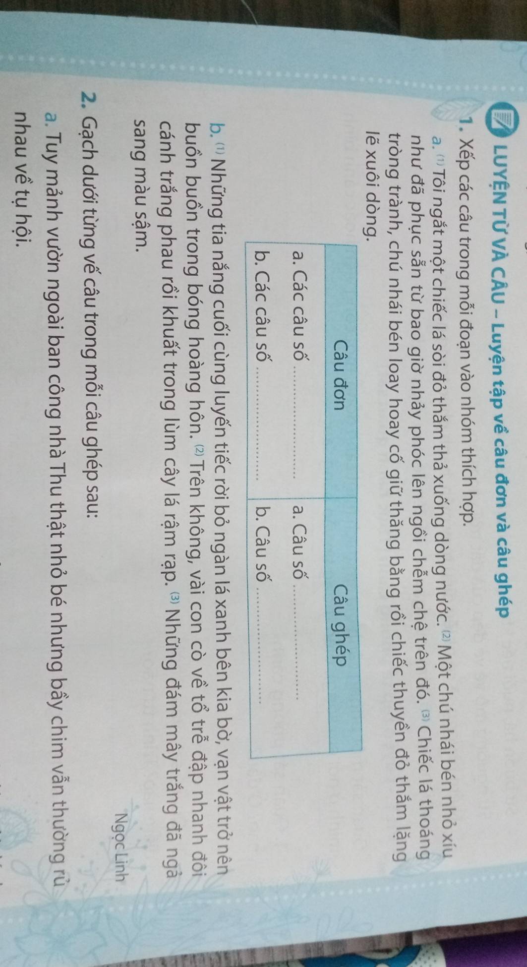 LUYỆN TỨ VÀ CÂU - Luyện tập về câu đơn và câu ghép 
1. Xếp các câu trong mỗi đoạn vào nhóm thích hợp. 
a. '' Tôi ngắt một chiếc lá sòi đỏ thắm thả xuống dòng nước. ② Một chú nhái bén nhỏ xíu 
như đã phục sẵn từ bao giờ nhảy phóc lên ngồi chễm chệ trên đó. ③ Chiếc lá thoáng 
tròng trành, chú nhái bén loay hoay cố giữ thăng bằng rồi chiếc thuyền đỏ thắm lặng 
lẽ xuôi dòng. 
b. '') Những tia nắng cuối cùng luyến tiếc rời bỏ ngàn lá xanh bên kia bờ, vạn vật trở nên 
buồn buồn trong bóng hoàng hôn.② Trên không, vài con cò về tổ trễ đập nhanh đôi 
cánh trắng phau rồi khuất trong lùm cây lá rậm rạp. ' Những đám mây trắng đã ngà 
sang màu sậm. 
Ngọc Linh 
2. Gạch dưới từng vế câu trong mỗi câu ghép sau: 
a. Tuy mảnh vườn ngoài ban công nhà Thu thật nhỏ bé nhưng bầy chim vẫn thường rủ 
nhau về tụ hội.