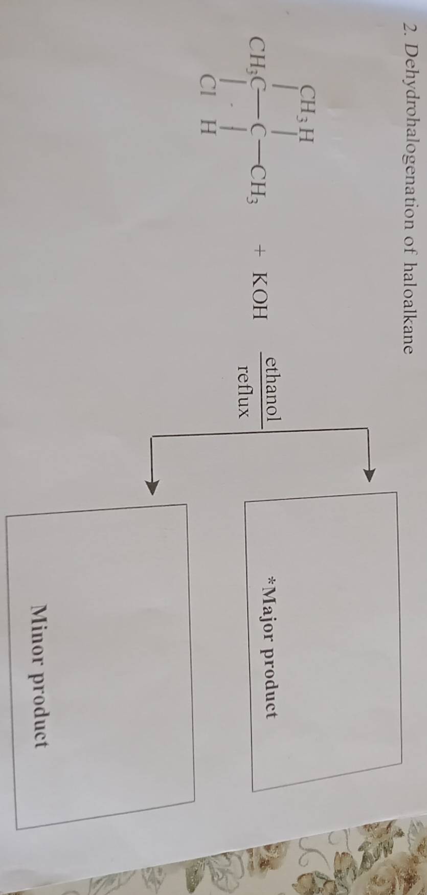 Dehydrohalogenation of haloalkane
CH_3beginarrayl CH_3 H □ □ □ +C=diumbHendarray.  =KOH&frac ctethas
*Major product
Minor product