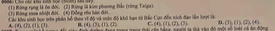 0006: Cho các khu sinh học (biểm) sau đay:
(1) Rừng rụng lá ôn đới. (2) Rừng lá kim phương Bắc (rừng Taiga).
(3) Rừng mưa nhiệt đới. (4) Đồng rêu hàn đới.
Các khu sinh học trên phân bố theo vĩ độ và mức độ khô hạn từ Bắc Cực đến xích đạo lần lượt là:
A. (4), (2), (1), (3). B. (4), (3), (1), (2). C. (4), (1), (2), (3). D. (3), (1), (2), (4).
định đường đang trong trang thái cận bằng, ngưới ta thá vào đó một số loài cá ăn động