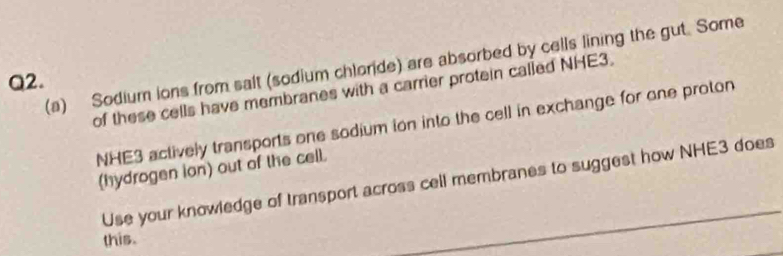 Sodium ions from salt (sodium chlorde) are absorbed by cells lining the gut. Some 
Q2. 
of these cells have membranes with a carrier protein called NHE3.
NHE3 actively transports one sodium ion into the cell in exchange for one proton 
(hydrogen ion) out of the cell. 
Use your knowledge of transport across cell membranes to suggest how NHE3 does 
this.