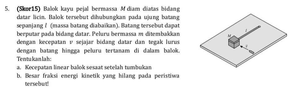 (Skor15) Balok kayu pejal bermassa M diam diatas bidang 
datar licin. Balok tersebut dihubungkan pada ujung batang 
sepanjang l (massa batang diabaikan). Batang tersebut dapat 
1 
berputar pada bidang datar. Peluru bermassa m ditembakkan 
M 
dengan kecepatan v sejajar bidang datar dan tegak lurus 
dengan batang hingga peluru tertanam di dalam balok. 
Tentukanlah: 
a. Kecepatan linear balok sesaat setelah tumbukan 
b. Besar fraksi energi kinetik yang hilang pada peristiwa 
tersebut!