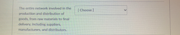 The entire network involved in the [ Choose ] 
production and distribution of 
goods, from raw materials to final 
delivery, including suppliers, 
manufacturers, and distributors.