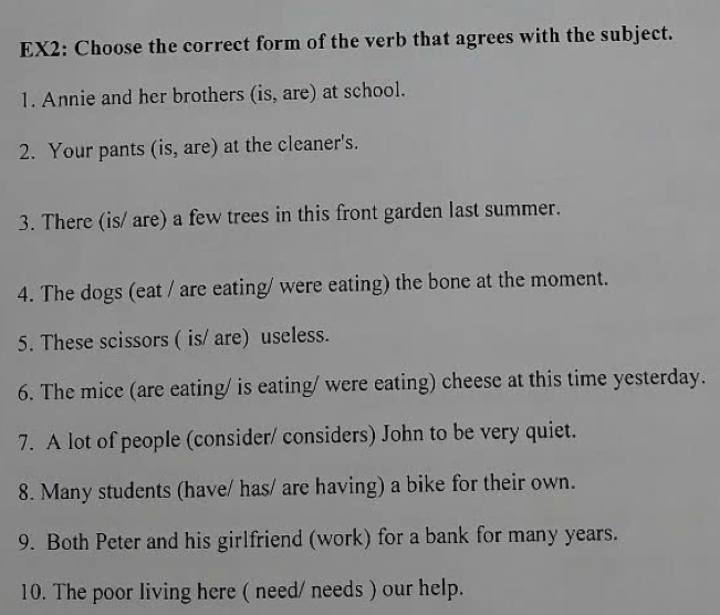 EX2: Choose the correct form of the verb that agrees with the subject. 
1. Annie and her brothers (is, are) at school. 
2. Your pants (is, are) at the cleaner's. 
3. There (is/ are) a few trees in this front garden last summer. 
4. The dogs (eat / are eating/ were eating) the bone at the moment. 
5. These scissors ( is/ are) useless. 
6. The mice (are eating/ is eating/ were eating) cheese at this time yesterday. 
7. A lot of people (consider/ considers) John to be very quiet. 
8. Many students (have/ has/ are having) a bike for their own. 
9. Both Peter and his girlfriend (work) for a bank for many years. 
10. The poor living here ( need/ needs ) our help.