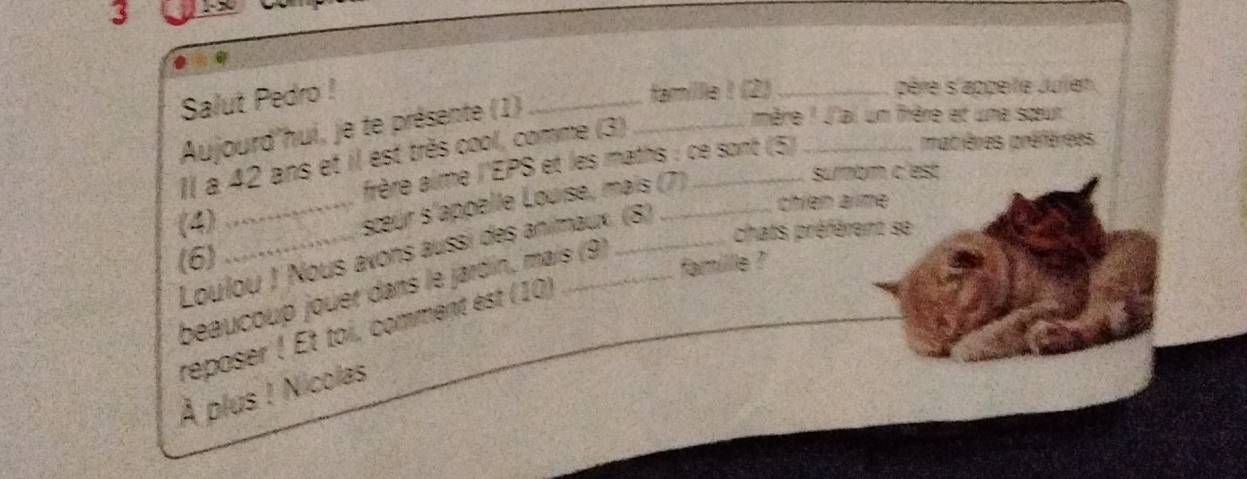 3 1x 
Salut Pedro ! 
famille ! (2) _père s'appeite Jurien. 
Aujourd'hui, je te présente (1)_ 
Il a 42 ans et il est très cool, comme (3)__ 
mère 1 J'ai un frère et une sœur 
frère aime l'EPS et les maths : ce sont (5)_ 
catières aréférées 
surnom c'est 
chíen aïme 
(4) 
_sœeur s'appelle Louise, mais (7) 
chats préférent se 
(6) Loulou J Nous avons aussi des animaux. (8) 
famille ? 
beaucoup jouer dans le jardín, mais (9) 
reposer ! Et toi, comment est (10) 
À plus ! Nícolas