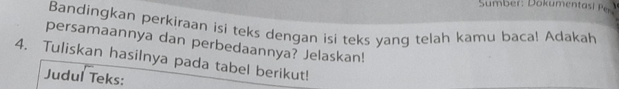 Sumber: Dokumentasi Pen 
Bandingkan perkiraan isi teks dengan isi teks yang telah kamu baca! Adakah 
persamaannya dan perbedaannya? Jelaskan! 
4. Tuliskan hasilnya pada tabel berikut! 
Judul Teks: