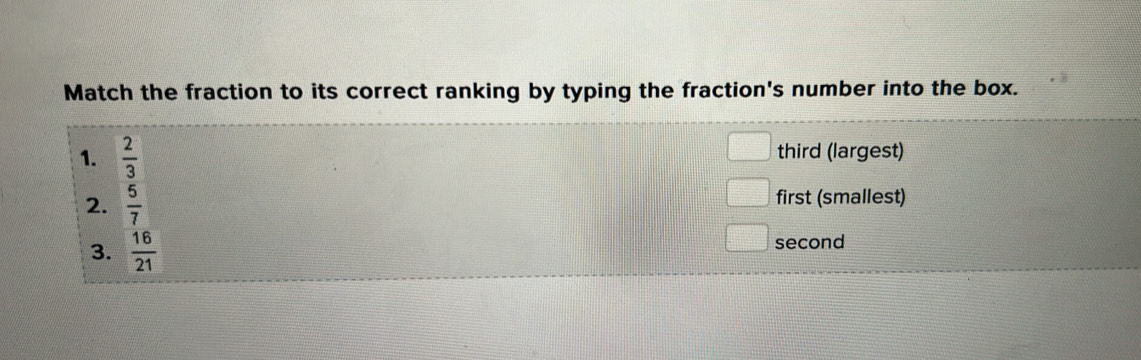 Match the fraction to its correct ranking by typing the fraction's number into the box. 
□ 
1.  2/3  third (largest) 
2.  5/7  first (smallest) 
3.  16/21  second