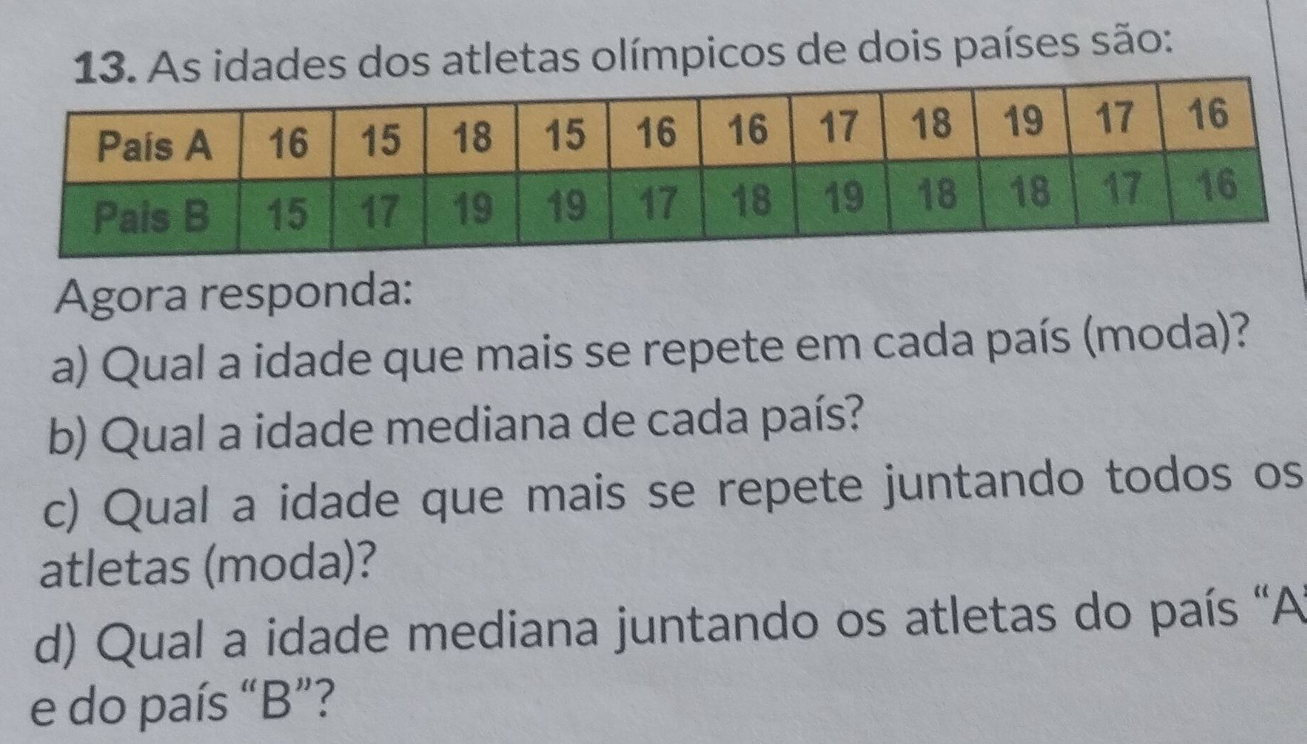 As idades dos atletas olímpicos de dois países são: 
Agora responda: 
a) Qual a idade que mais se repete em cada país (moda)? 
b) Qual a idade mediana de cada país? 
c) Qual a idade que mais se repete juntando todos os 
atletas (moda)? 
d) Qual a idade mediana juntando os atletas do país "A 
e do país “B”?