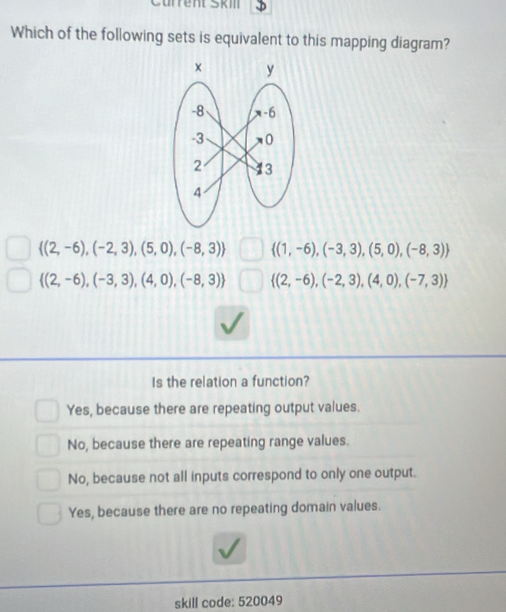 Current Ski D
Which of the following sets is equivalent to this mapping diagram?
 (2,-6),(-2,3),(5,0),(-8,3)  (1,-6),(-3,3),(5,0),(-8,3)
 (2,-6),(-3,3),(4,0),(-8,3)  (2,-6),(-2,3),(4,0),(-7,3)
Is the relation a function?
Yes, because there are repeating output values.
No, because there are repeating range values.
No, because not all inputs correspond to only one output.
Yes, because there are no repeating domain values.
skill code: 520049