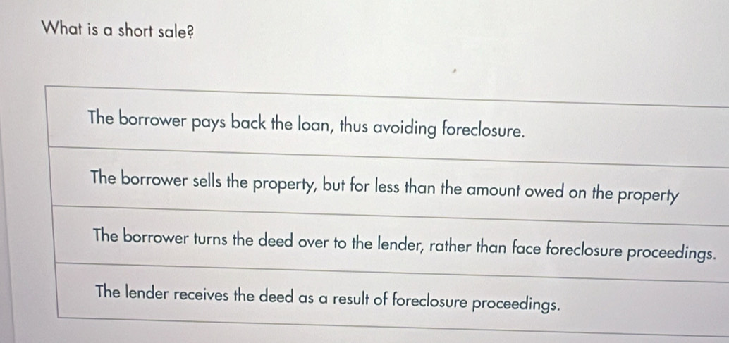 What is a short sale?
The borrower pays back the loan, thus avoiding foreclosure.
The borrower sells the property, but for less than the amount owed on the property
The borrower turns the deed over to the lender, rather than face foreclosure proceedings.
The lender receives the deed as a result of foreclosure proceedings.