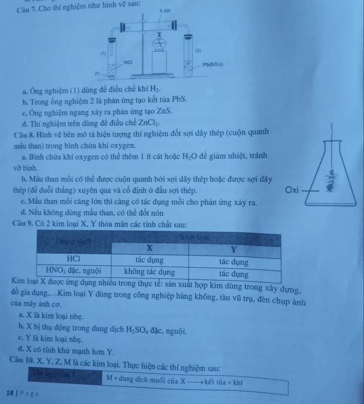 Cho thí nghiệm như hình vẽ sau:
a. Ông nghiệm (1) dùng đề điều chế khí H_2.
b. Trong ống nghiệm 2 là phản ứng tạo kết tủa PbS.
c. Ông nghiệm ngang xảy ra phản ứng tạo ZnS.
d. Thí nghiệm trên dùng đề điều chế ZnCl_2.
Câu 8. Hình vẽ bên mô tả hiện tượng thí nghiệm đổt sợi dây thép (cuộn quanh
mẫu than) trong bình chứa khí oxygen.
a. Bình chứa khí oxygen có thể thêm 1 ít cát hoặc H_2O đề giảm nhiệt, tránh
vỡ bình.
b. Mẫu than mồi có thể được cuộn quanh bởi sợi dây thép hoặc được sợi dây
thép (để duỗi thẳng) xuyên qua và cổ định ở đầu sợi thép. Oxi
c. Mẫu than mồi càng lớn thì càng có tác dụng mồi cho phản ứng xảy ra.
d. Nếu không dùng mẫu than, có thể đốt nón
Câu 9. Có 2 kim loại X, Y thỏa mãn các tính chất sau:
Kc tế: sản xuất hợp kim dùng trong xây dựng,
đồ gia dụng,.Kim loại Y dùng trong công nghiệp hàng không, tàu vũ trụ, đèn chụp ảnh
của máy ảnh cơ.
a. X là kim loại nhẹ.
b. X bị thụ động trong dung dịch H_2SO_4 dac , nguội.
c. Y là kim loại nhẹ.
d. X có tính khử mạnh hơn Y.
Câu 10. X, Y, Z, M là các kim loại. Thực hiện các thí nghiệm sau:
Fhi.qgliPo4 1 M + dung dịch muối của X  kết tủa + khí
18  Pa g e