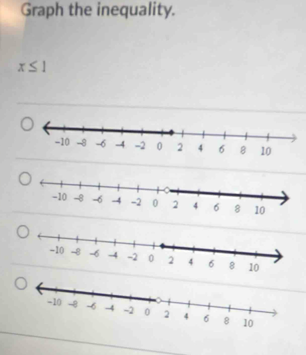 Graph the inequality.
x≤ 1