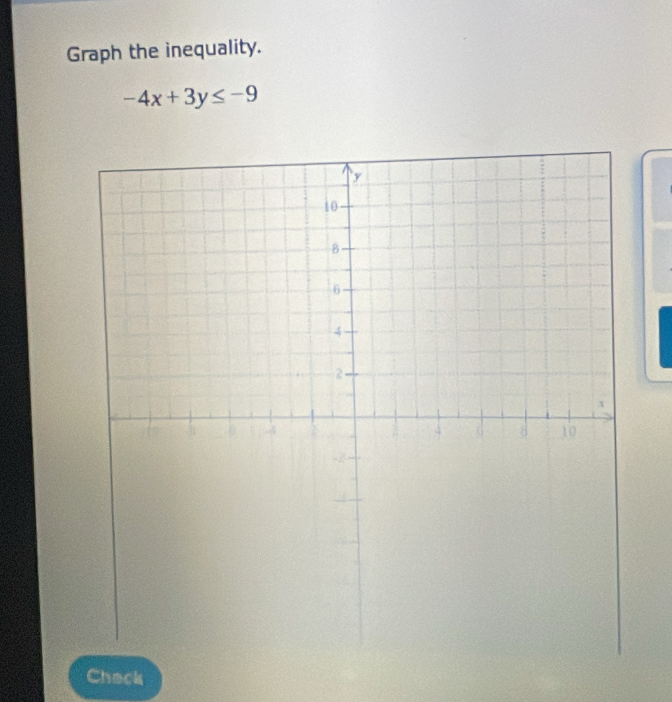 Graph the inequality.
-4x+3y≤ -9
Chack