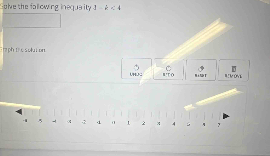 Solve the following inequality 3-k<4</tex> 
Graph the solution. 
UNDO REDO RESET REMOVE