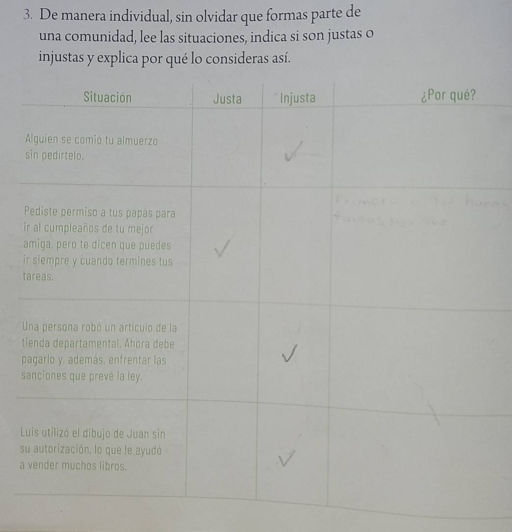 De manera individual, sin olvidar que formas parte de 
una comunidad, lee las situaciones, indica si son justas o 
injustas y explica por qué lo consideras así. 
i 
i 
t 
t 

s 
a