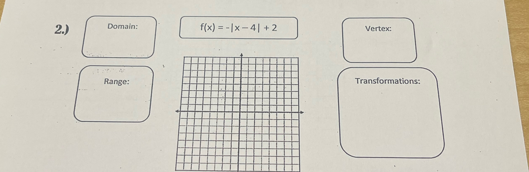 2.) Domain:
f(x)=-|x-4|+2 Vertex: 
Range:Transformations: