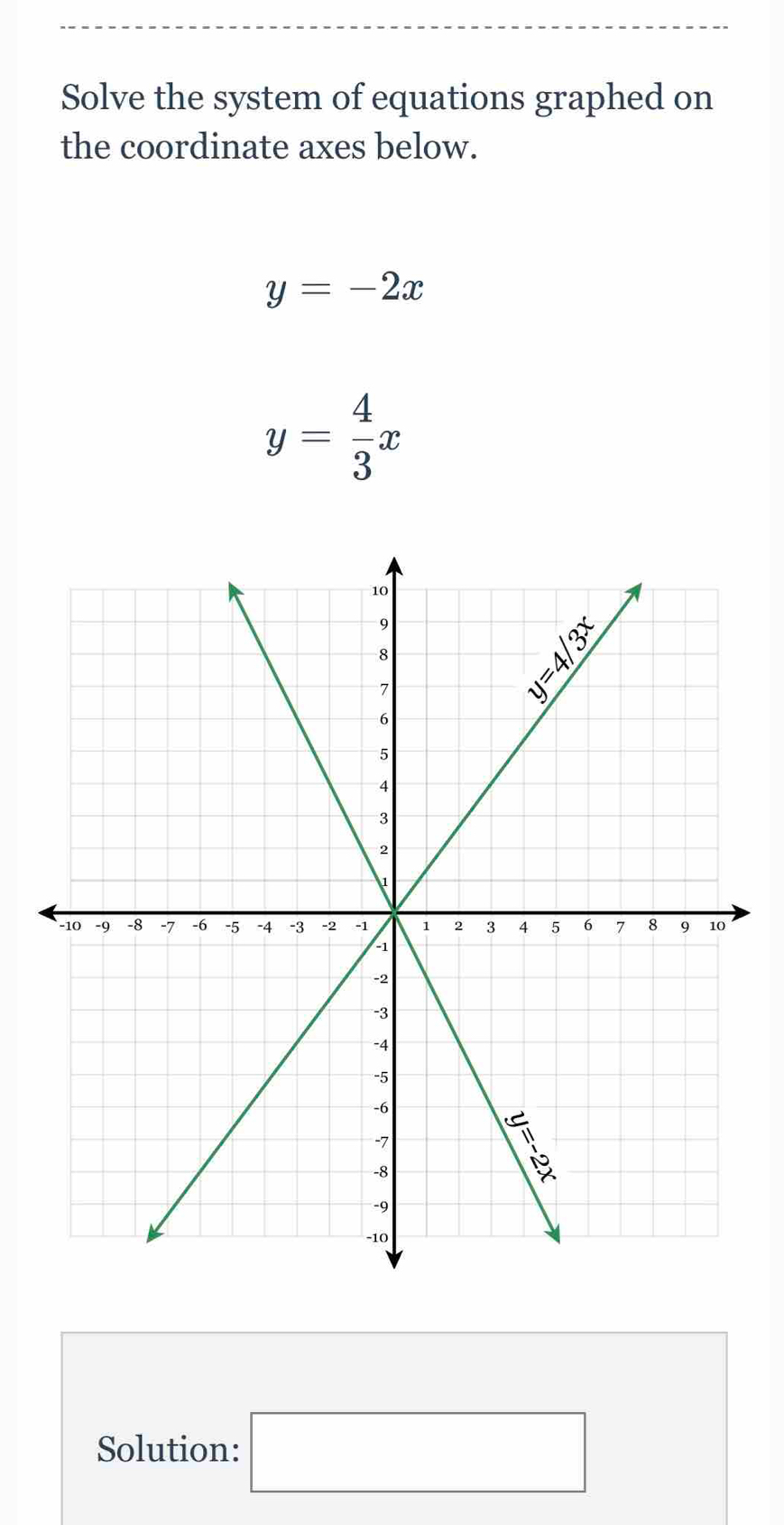 Solve the system of equations graphed on
the coordinate axes below.
y=-2x
y= 4/3 x
Solution: □