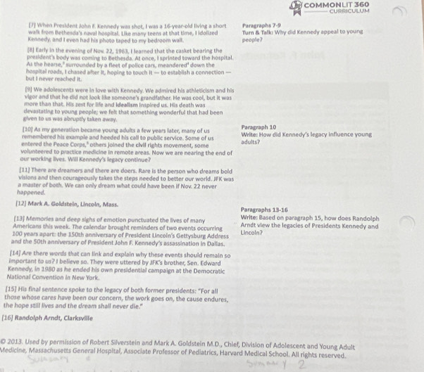 Solved: COMMONLIT 360 CURRICULUM [7] When President John F. Kennedy was shot, I was a 16-year ...