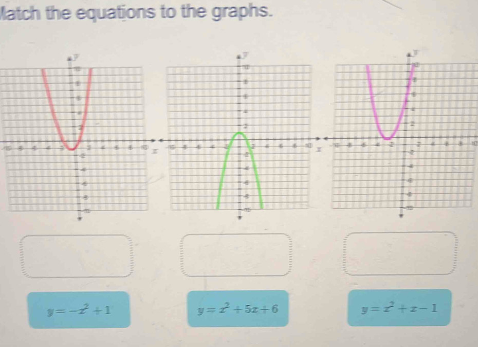 Match the equations to the graphs.
10
y=-x^2+1
y=x^2+5x+6
y=x^2+x-1