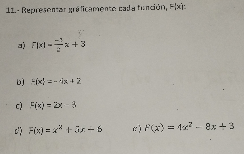 11.- Representar gráficamente cada función, F(x) : 
a) F(x)= (-3)/2 x+3
b) F(x)=-4x+2
c) F(x)=2x-3
d) F(x)=x^2+5x+6 e) F(x)=4x^2-8x+3