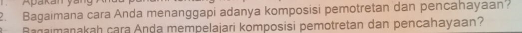 Apakan yang 
2. Bagaimana cara Anda menanggapi adanya komposisi pemotretan dan pencahayaan? 
Bagaimanakah cara Anda mempelajari komposisi pemotretan dan pencahayaan?