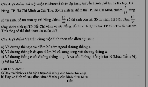 Tại một cuộc thi được tổ chức tập trung tại bốn thành phố lớn là Hà Nội, Đà 
Nẵng, TP. Hồ Chí Minh và Cần Thơ. Số thí sinh tại điểm thi TP. Hồ Chí Minh chiếm  5/16  tồng 
số thí sinh. Số thí sinh tại Đà Nẵng chiếm  15/44  số thí sinh còn lại. Số thí sinh Hà Nội bằng  16/35 
tổng số thí sinh tại TP, Hồ Chí Minh và Đà Nẵng. Số thí sinh dự thi tại TP Cần Thơ là 650 em. 
Tính tổng số thí sinh tham dự cuộc thi? 
Câu 5: (1 điểm) Vẽ trên cùng một hình theo các diễn đạt sau: 
a) Vẽ đường thẳng a và điểm M nằm ngoài đường thẳng a. 
b) Vẽ đường thẳng b đi qua điểm M và song song với đường thẳng a. 
c) Vẽ đường thẳng c cắt đường thẳng a tại A và cắt đường thẳng b tại B (khác điểm M). 
d) Vẽ tia MA. 
Câu 6: (1 điểm) 
a) Hãy vẽ hình và xác định trục đối xứng của hình chữ nhật. 
b) Hãy vẽ hình và xác định tâm đối xứng của hình bình hành. 
Hết.