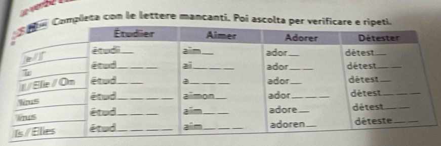 La verdé l 
mpleta con le lettere mancanti. Poi ascolta p