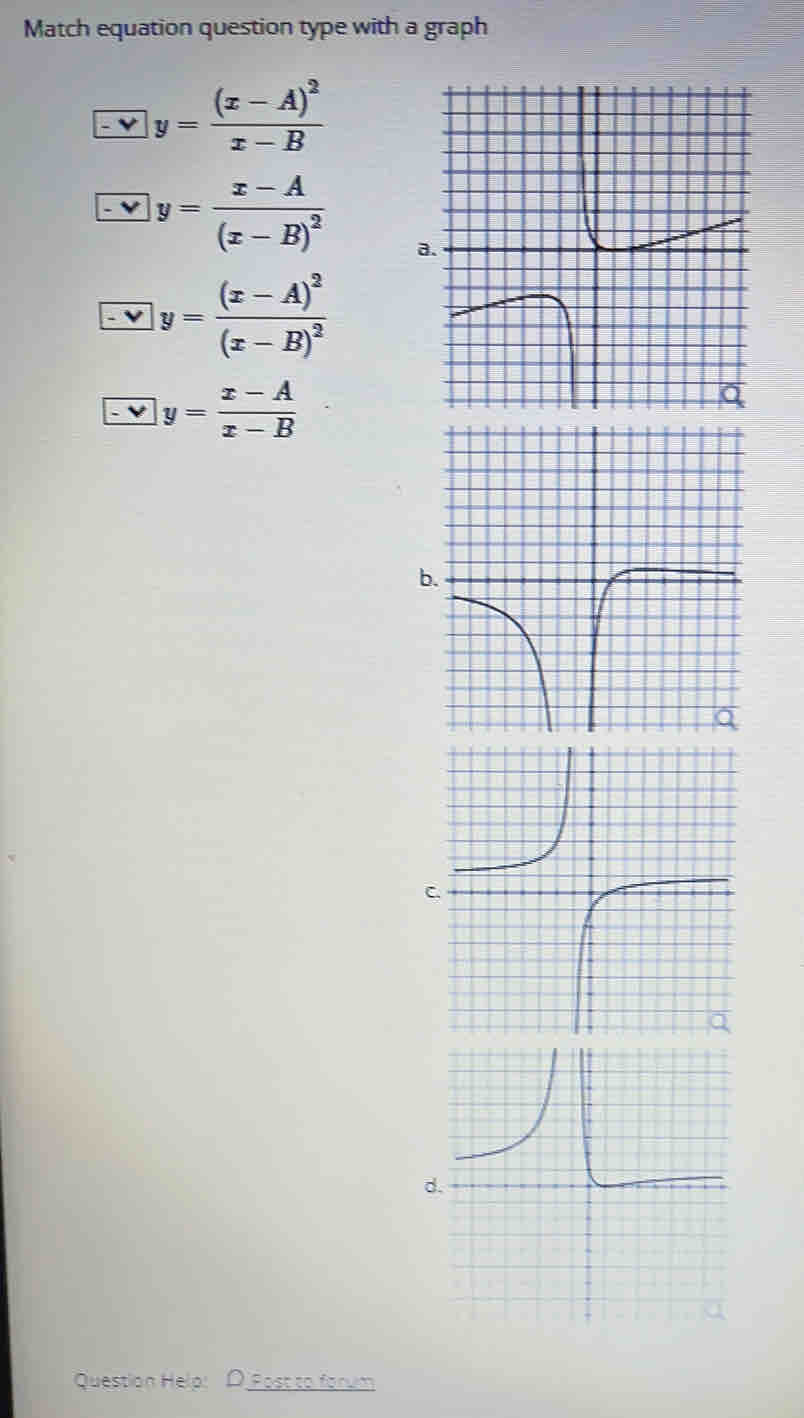 Match equation question type with a graph
-vy=frac (x-A)^2x-B
□ y=frac x-A(x-B)^2
-vy=frac (x-A)^2(x-B)^2
y= (x-A)/x-B 
Question Help: D Fostto forum