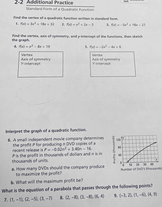 Solved: 2-2 Additional Practice Standard Form of a Quadratic Function ...