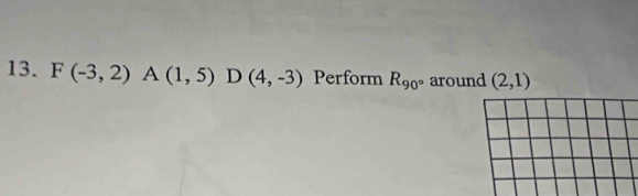 F(-3,2)A(1,5)D(4,-3) Perform R_90° around (2,1)