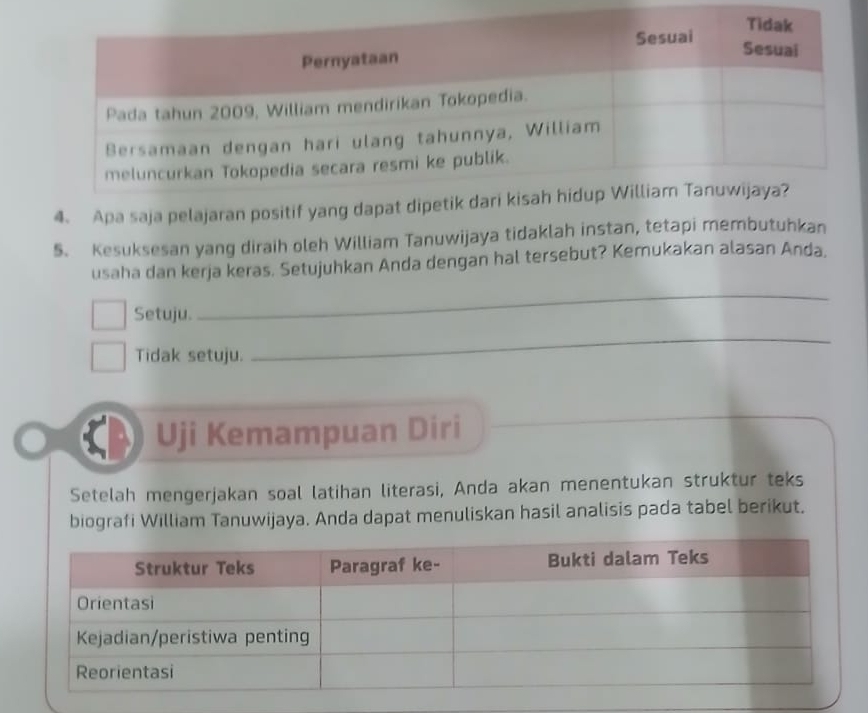 Apa saja pelajaran positif yang dapat 
5. Kesuksesan yang diraih oleh William Tanuwijaya tidaklah instan, tetapi membutuhkan 
usaha dan kerja keras. Setujuhkan Anda dengan hal tersebut? Kemukakan alasan Anda. 
Setuju. 
_ 
Tidak setuju. 
_ 
Uji Kemampuan Diri 
Setelah mengerjakan soal latihan literasi, Anda akan menentukan struktur teks 
biografi William Tanuwijaya. Anda dapat menuliskan hasil analisis pada tabel berikut.