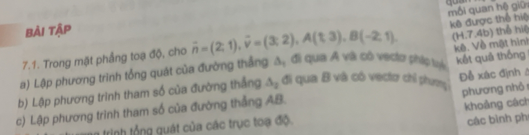 mối quan hệ giữ 
bài tập 
(H.7.4b) thể hiệ 
7.1. Trong mặt phẳng toạ độ, cho vector n=(2;1), vector v=(3;2), A(t;3), B(-2;1). kê được thể hiệ 
kết quả thống 
a) Lập phương trình tổng quát của đường thắng △ _1 đi qua Á và có vectơ pháp tui kê. Về mật hình 
b) Lập phương trình tham số của đường thắng △ _2 đi qua B và có vectơ chỉ phưng Đễ xác định 
phương nhỏ 
c) Lập phương trình tham số của đường thẳng AB. 
khoảng cách 
triình tổng quát của các trục toạ độ. 
các bình phí