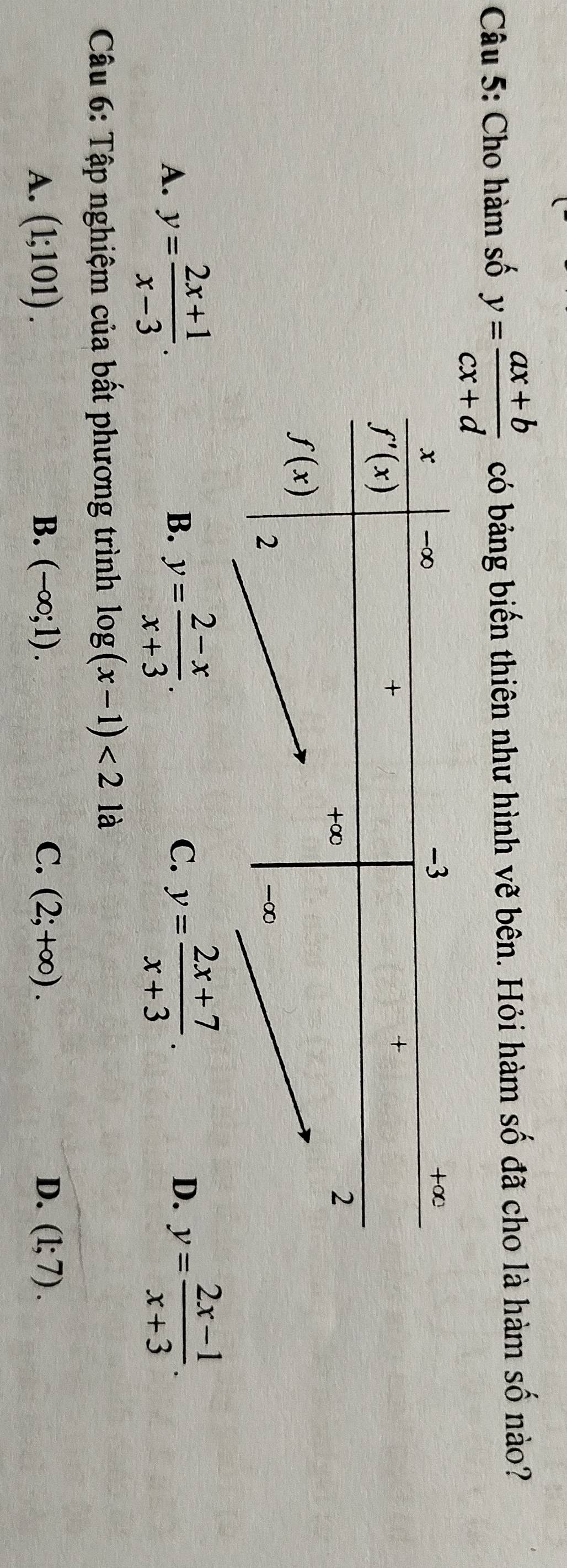 Cho hàm số y= (ax+b)/cx+d  có bảng biến thiên như hình vẽ bên. Hỏi hàm số đã cho là hàm số nào?
A. y= (2x+1)/x-3 . y= (2-x)/x+3 . y= (2x+7)/x+3 . D. y= (2x-1)/x+3 .
B.
C.
Câu 6: Tập nghiệm của bất phương trình log (x-1)<2</tex> là
A. (1;101). B. (-∈fty ;1). C. (2;+∈fty ). D. (1;7).