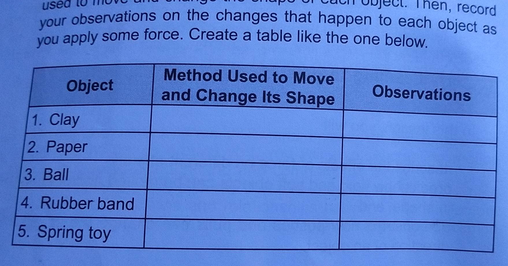 used to m 
cach object. Then, record 
your observations on the changes that happen to each object as 
you apply some force. Create a table like the one below.