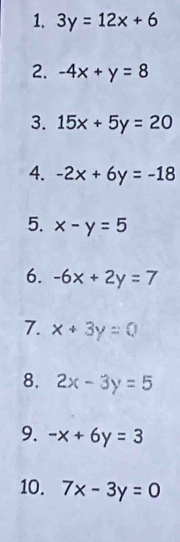 3y=12x+6
2. -4x+y=8
3. 15x+5y=20
4. -2x+6y=-18
5. x-y=5
6. -6x+2y=7
7. x+3y=0
8. 2x-3y=5
9. -x+6y=3
10. 7x-3y=0