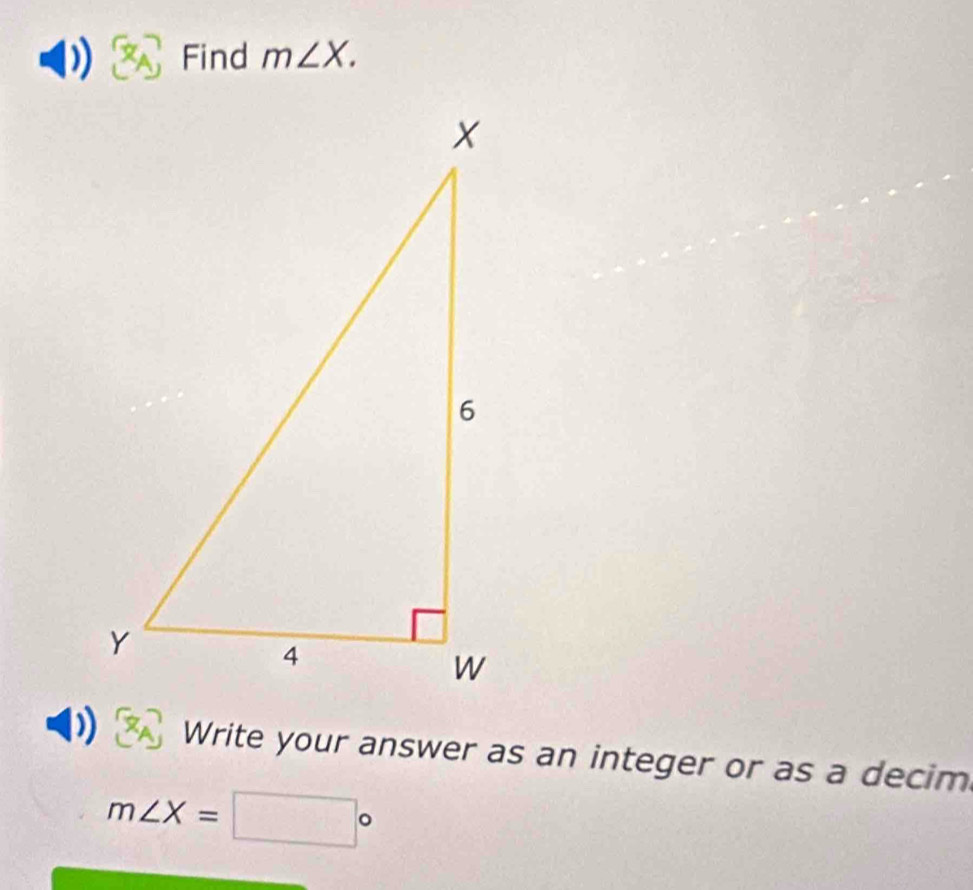 x_A Find m∠ X.
Write your answer as an integer or as a decim
m∠ X=□°