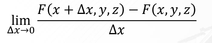 limlimits _△ xto 0 (F(x+△ x,y,z)-F(x,y,z))/△ x 