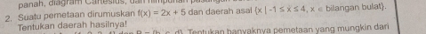 Ba n h , diagram Caresius, dan nimp o 
2. Suatu peretaan dirumuskar f(x)=2x+5 dan daerah asal  x|-1≤ x≤ 4 , x ∈ bilangan bulat. 
Tentukan daerah hasilnya! d) Tentukan banyaknya pemetaan yang mungkin dari