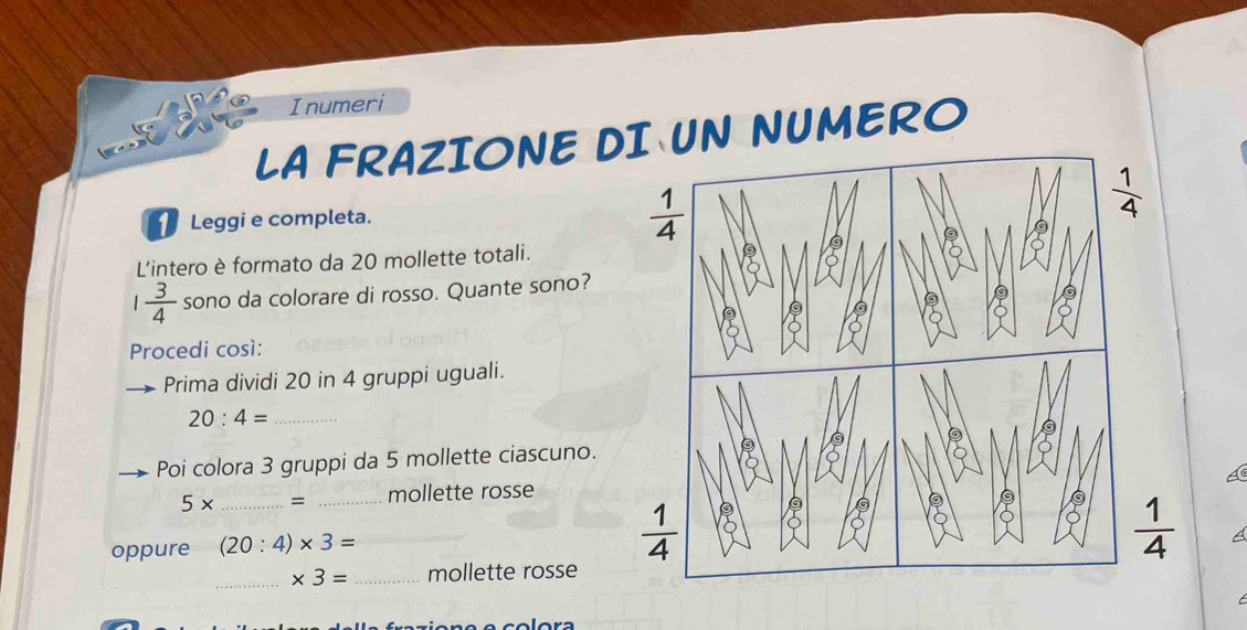 Inumeri
LA FRAZIONE DUN NUMERO
Leggi e completa.
Lintero è formato da 20 mollette totali.
 3/4  sono da colorare di rosso. Quante sono?
Procedi così:
Prima dividi 20 in 4 gruppi uguali.
20:4= _
Poi colora 3 gruppi da 5 mollette ciascuno.
5* _ = _mollette rosse
oppure (20:4)* 3=
_ * 3= _mollette rosse