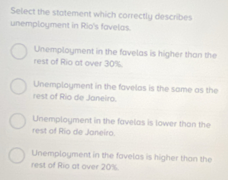 Select the statement which correctly describes
unemployment in Rio's favelas.
Unemployment in the favelas is higher than the
rest of Rio at over 30%.
Unemployment in the favelas is the same as the
rest of Rio de Janeiro.
Unemployment in the favelas is lower than the
rest of Rio de Janeiro.
Unemployment in the favelas is higher than the
rest of Rio at over 20%.