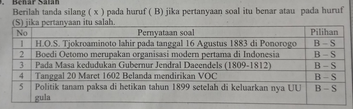 Bénar Salan
Berilah tanda silang ( x ) pada huruf ( B) jika pertanyaan soal itu benar atau pada huruf