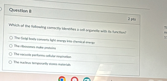 Which of the following correctly identifies a cell organelle with its function?
At
11
The Golgi body converts light energy into chemical energy
The ribosomes make proteins
The vacuole performs cellular respiration
The nucleus temporarily stores materials