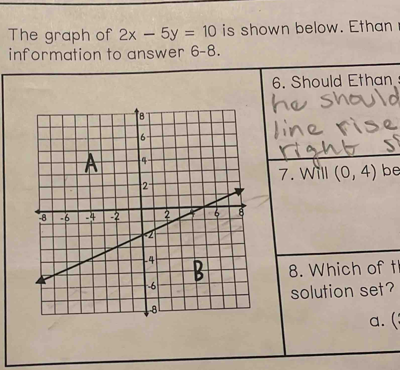 The graph of 2x-5y=10 is shown below. Ethan 
information to answer 6-8. 
6. Should Ethan 
7. Will (0,4) be 
8. Which of t 
solution set? 
a. (: