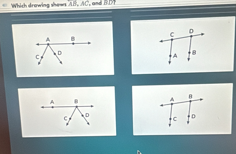 Which drawing shows overline AB, AC , and BD?