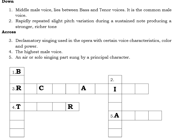 Down 
1. Middle male voice, lies between Bass and Tenor voices. It is the common male 
voice. 
2. Rapidly repeated slight pitch variation during a sustained note producing a 
stronger, richer tone 
Across 
3. Declamatory singing used in the opera with certain voice characteristics, color 
and power. 
4. The highest male voice. 
5. An air or solo singing part sung by a principal character.