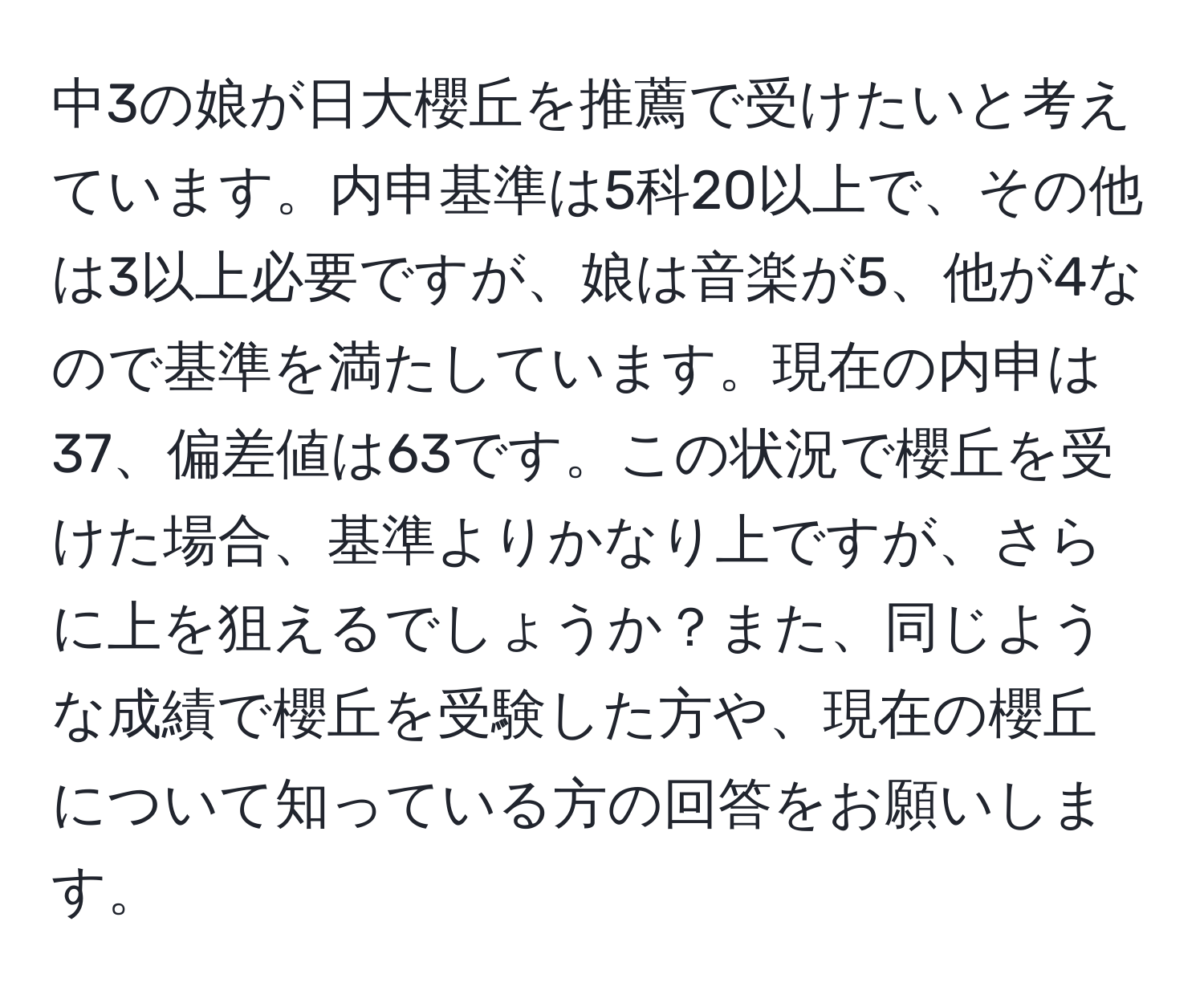 中3の娘が日大櫻丘を推薦で受けたいと考えています。内申基準は5科20以上で、その他は3以上必要ですが、娘は音楽が5、他が4なので基準を満たしています。現在の内申は37、偏差値は63です。この状況で櫻丘を受けた場合、基準よりかなり上ですが、さらに上を狙えるでしょうか？また、同じような成績で櫻丘を受験した方や、現在の櫻丘について知っている方の回答をお願いします。