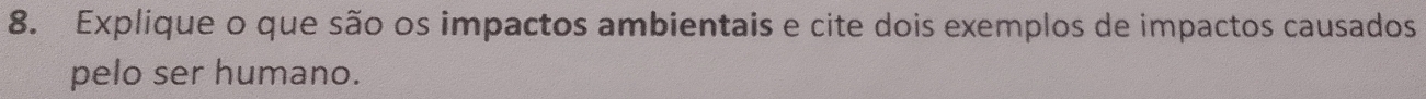Explique o que são os impactos ambientais e cite dois exemplos de impactos causados 
pelo ser humano.