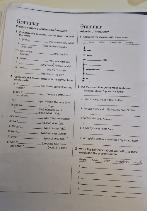 Grammar
Grammar
Present simple questions and answers Adverbs of frequency
1 Complete the questions. Use the correct form of 1 Complete the diagram with these words.
the verbs.
1 Who _(you / chat) online with?_
_never often sometimes usually
2 _(your brother / study) at
university?
100%
*3 How often _they / go on always
holiday?
_∫often
4 When _(your wife / get up)?
_
2
5 _(you / cook) for your family?
6 How _(you / feel) today?
not usually ' not !_
7 _(she / live) in the city?
_
2 Complete the conversation with the correct form
0%
of the verbs.
A: 1_ (you / have) any brothers and 2 Put the words in order to make sentences.
sisters?
1 watches / always / sports / my father
B: Yes, I_ I've got a brother and_
two sisters.
A: 
2 listen to / we / music / don't / often
_you / live) in the same cit ?
B: No. we _They 3 for class / Toni and Li Na / usually / aren't / late
5 live) in Bogotá and 
_(be) in Mexico City.
_
A: How _(you / stay) connected? 4 for friends / cook / never / 1
_
B: We _(talk) on video calls.
A: What _(your brother / do)? 5 never / you / at home / are
B: He ¹_ (work) in a restaurant.
_
A: What _(your sisters / do)? 6 in English / books / sometimes / my sister / reads
B: Sara ¹ _(be) a full-time mum
_
and Sofia _(work) in a bank. 3 Write five sentences about yourself. Use these
words and the present simple.
always never often sometimes usually
1
2
_
3
_
_4
_
_5
_