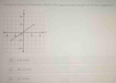 Using the distance formula, what is the approximate length of the line segment?
6.8 units
46.3 units
3.1 units